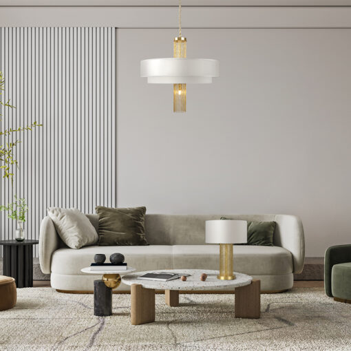 LAMPA STOŁOWA Impressive, złota podstawa w formie łańcuszków, biały materiałowy klosz, nowoczesny styl-1
