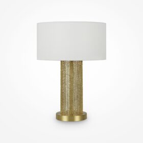 LAMPA STOŁOWA Impressive, złota podstawa w formie łańcuszków, biały materiałowy klosz, nowoczesny styl