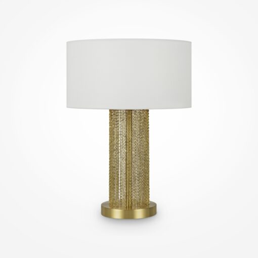 LAMPA STOŁOWA Impressive, złota podstawa w formie łańcuszków, biały materiałowy klosz, nowoczesny styl