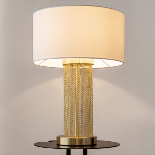 LAMPA STOŁOWA Impressive, złota podstawa w formie łańcuszków, biały materiałowy klosz, nowoczesny styl, piękna