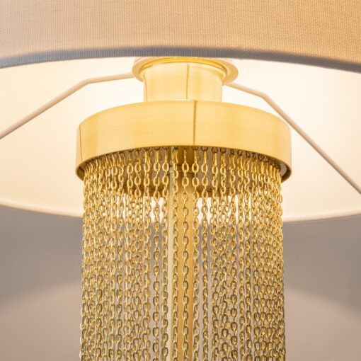 LAMPA STOŁOWA Impressive, złota podstawa w formie łańcuszków, biały materiałowy klosz, nowoczesny styl, wyjątkowa