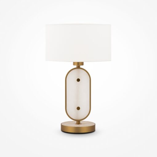 LAMPA STOŁOWA Marmo na złotej, galwanizowanej podstawie z naturalnym kamieniem, bialy materiałowy klosz, nowoczesny styl