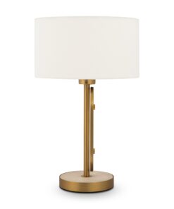 LAMPA STOŁOWA Marmo na złotej, galwanizowanej podstawie z naturalnym kamieniem, bialy materiałowy klosz, nowoczesny styl, wyjątkowa