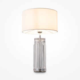 LAMPA STOŁOWA Muse z podstawą z rzeźbionego, transparentnego szkła, biały, materiałowy klosz, nowoczesny styl, srebrna