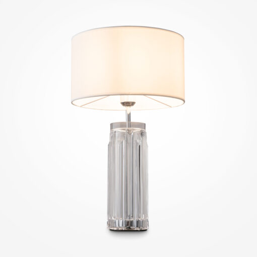 LAMPA STOŁOWA Muse z podstawą z rzeźbionego, transparentnego szkła, biały, materiałowy klosz, nowoczesny styl, srebrna