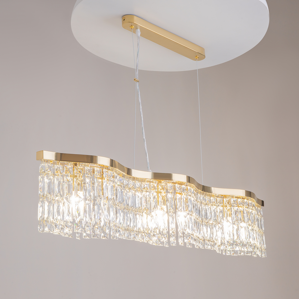 LAMPA WISZĄCA Dune ze złotą, metalową, pofalowaną oprawą, klosz w formie kryształów o różnych kształtach, ekskluzywna LAMPA WISZĄCA Dune ze złotą, metalową, pofalowaną oprawą, klosz w formie kryształów o różnych kształtach, ekskluzywna