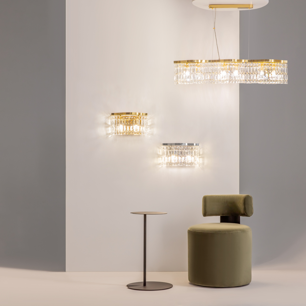 LAMPA WISZĄCA Dune ze złotą, metalową, pofalowaną oprawą, klosz w formie kryształów o różnych kształtach, premium LAMPA WISZĄCA Dune ze złotą, metalową, pofalowaną oprawą, klosz w formie kryształów o różnych kształtach, premium