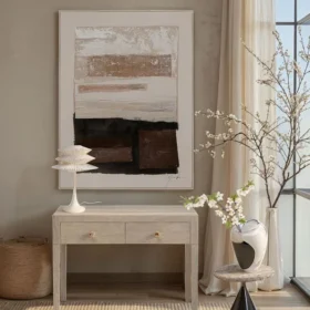 OBRAZ Lontano w brązowej kolorystyce z ręcznie malowanym, abstrakcyjnym wzorem, prostokątny, rama z drewna sosnowego, piękny