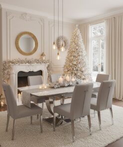 STÓŁ JADALNIANY rozkładany, prostokątny blat z konglomeratu marmurowego, srebrna podstawa o geometrycznej formie, nowoczesny glamour