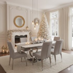 STÓŁ JADALNIANY rozkładany, prostokątny blat z konglomeratu marmurowego, srebrna podstawa o geometrycznej formie, nowoczesny glamour