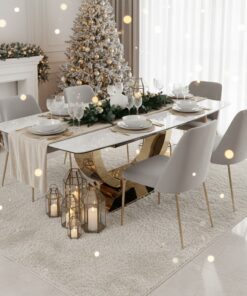 STÓŁ JADALNIANY rozkładany, prostokątny blat z konglomeratu marmurowego, złota podstawa o geometrycznej formie, nowoczesny glamour