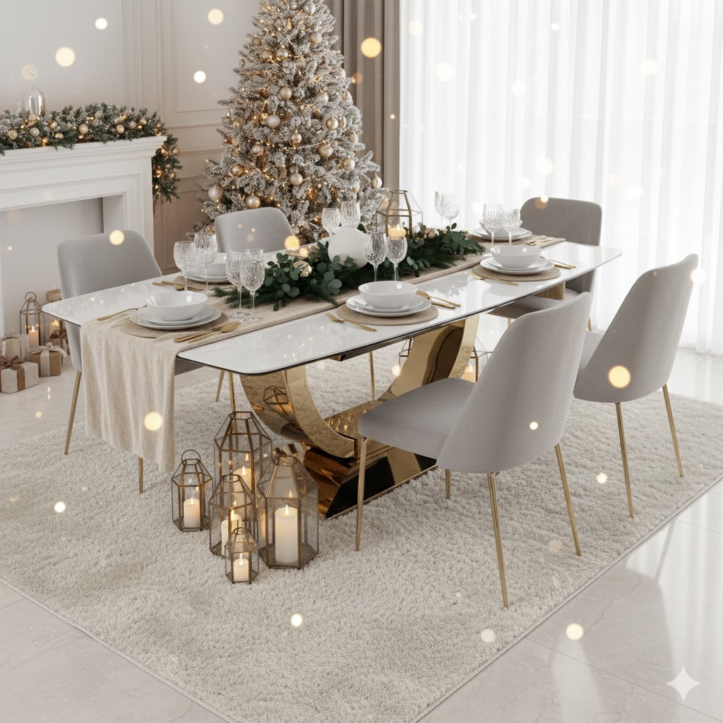 STÓŁ JADALNIANY rozkładany, prostokątny blat z konglomeratu marmurowego, złota podstawa o geometrycznej formie, nowoczesny glamour STÓŁ JADALNIANY rozkładany, prostokątny blat z konglomeratu marmurowego, złota podstawa o geometrycznej formie, nowoczesny glamour