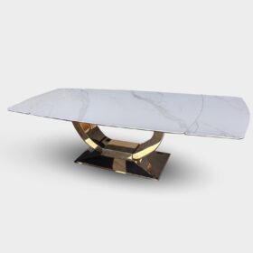 STÓŁ JADALNIANY rozkładany, prostokątny blat z konglomeratu marmurowego, złota podstawa o geometrycznej formie, nowoczesny glamour