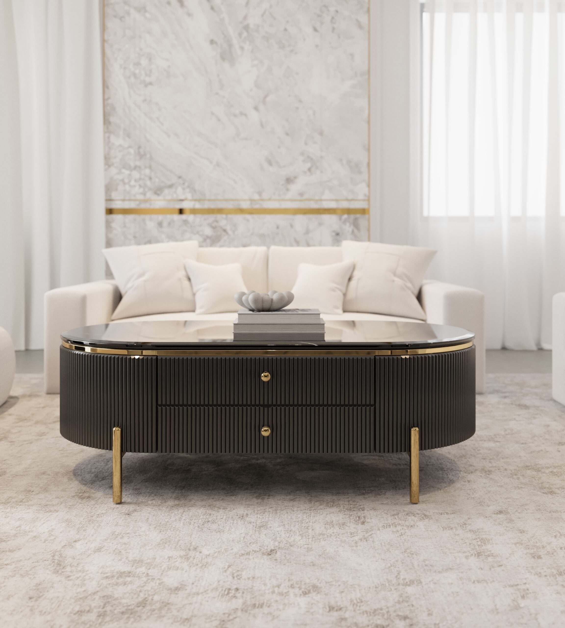 STOLIK KAWOWY Anne Black z dwiema szufladami, czarny ryflowany korpus, złote metalowe nogi i dodatki, nowoczesny glamour, piękny