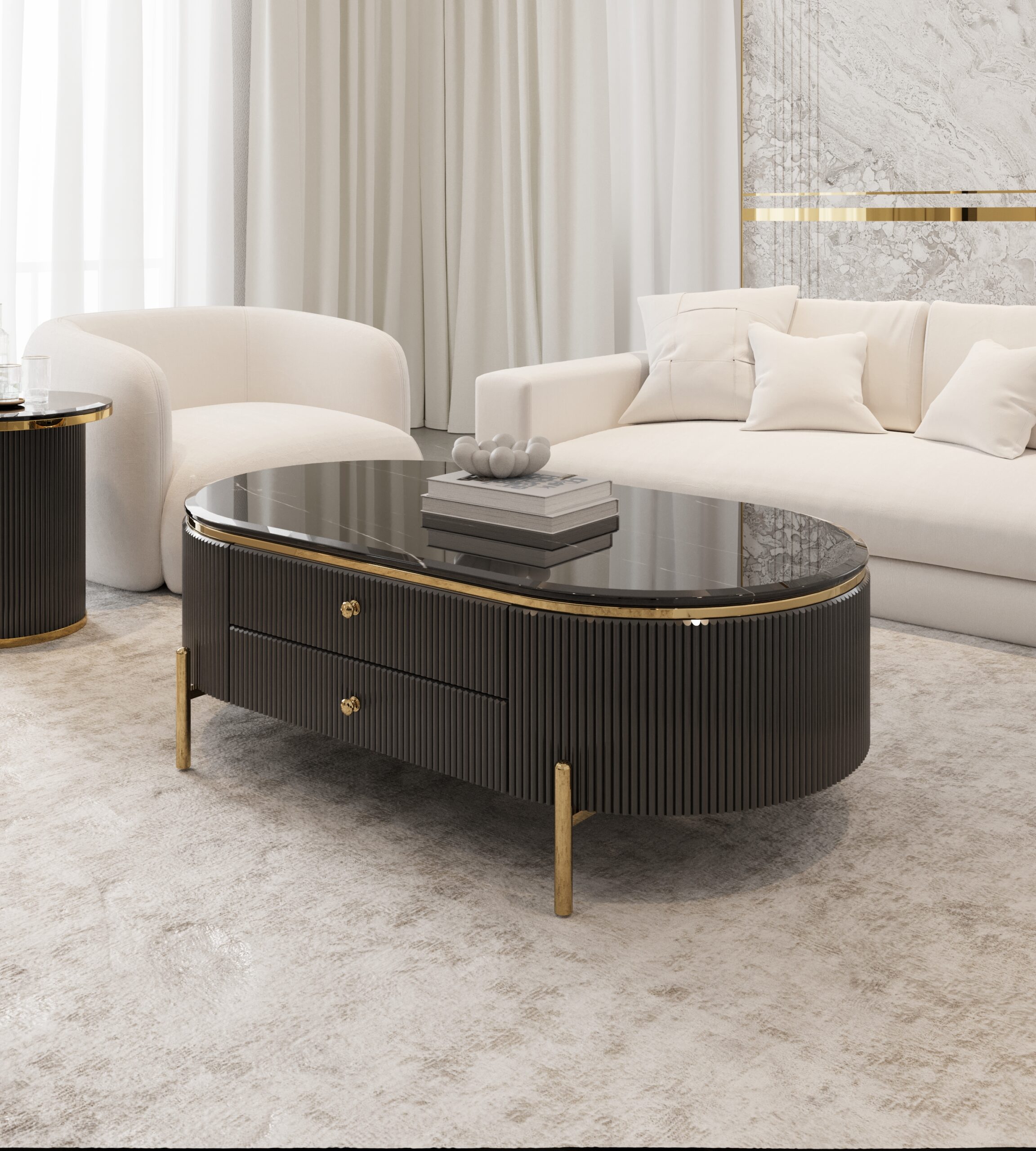 STOLIK KAWOWY Anne Black z dwiema szufladami, czarny ryflowany korpus, złote metalowe nogi i dodatki, nowoczesny glamour