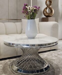 STOLIK KAWOWY Emporio, okrągły, blat ze sztucznego marmuru, srebrna, błyszcząca zakręcona, designerska podstawa, klasyczny glamour
