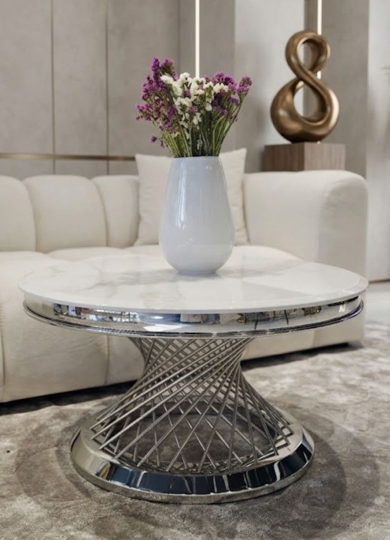 STOLIK KAWOWY Emporio, okrągły, blat ze sztucznego marmuru, srebrna, błyszcząca zakręcona, designerska podstawa, klasyczny glamour STOLIK KAWOWY Emporio, okrągły, blat ze sztucznego marmuru, srebrna, błyszcząca zakręcona, designerska podstawa, klasyczny glamour