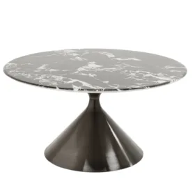 STOLIK KAWOWY Mambo na grafitowej, metalowej podstawie w kształcie pół klepsydry, okrągły blat imitujący marmur, nowoczesny styl