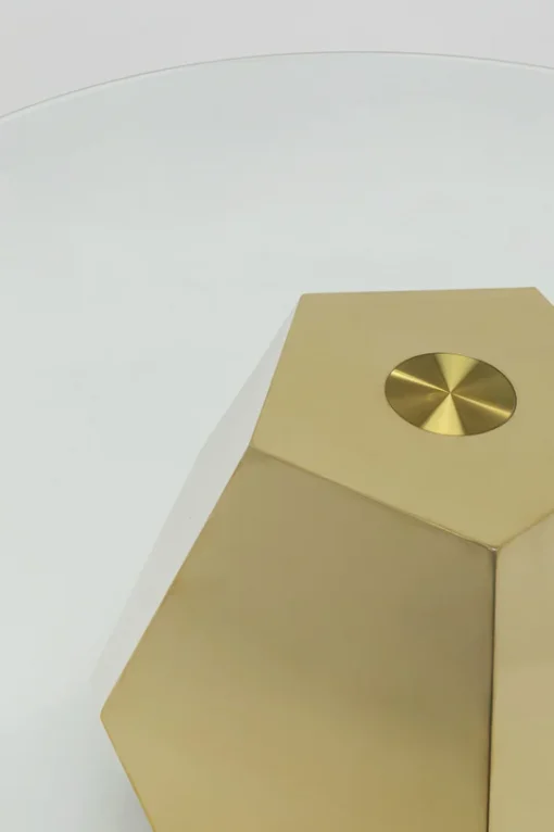 STOLIK KAWOWY Ricchezza na złotej, metalowej podstawie o geometrycznych kształtach, okrągły, szklany blat, premium