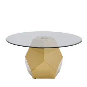 STOLIK KAWOWY Ricchezza na złotej, metalowej podstawie o geometrycznych kształtach, okrągły, szklany blat