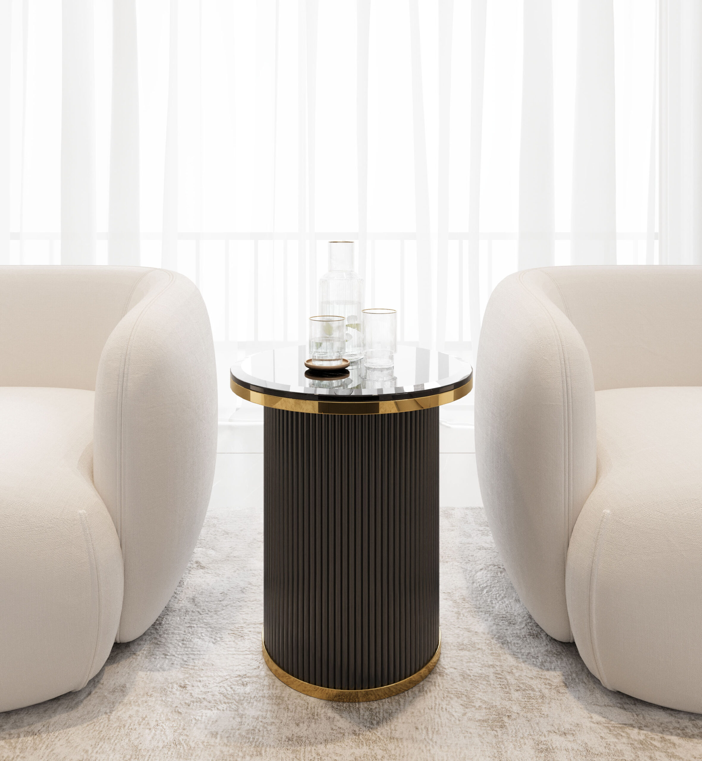 STOLIK POMOCNICZY Anne Black okrągły, na czarnej ryflowane podstawie, blat z konglomeratu marmurowego, złote metalowe obręcze, piękny