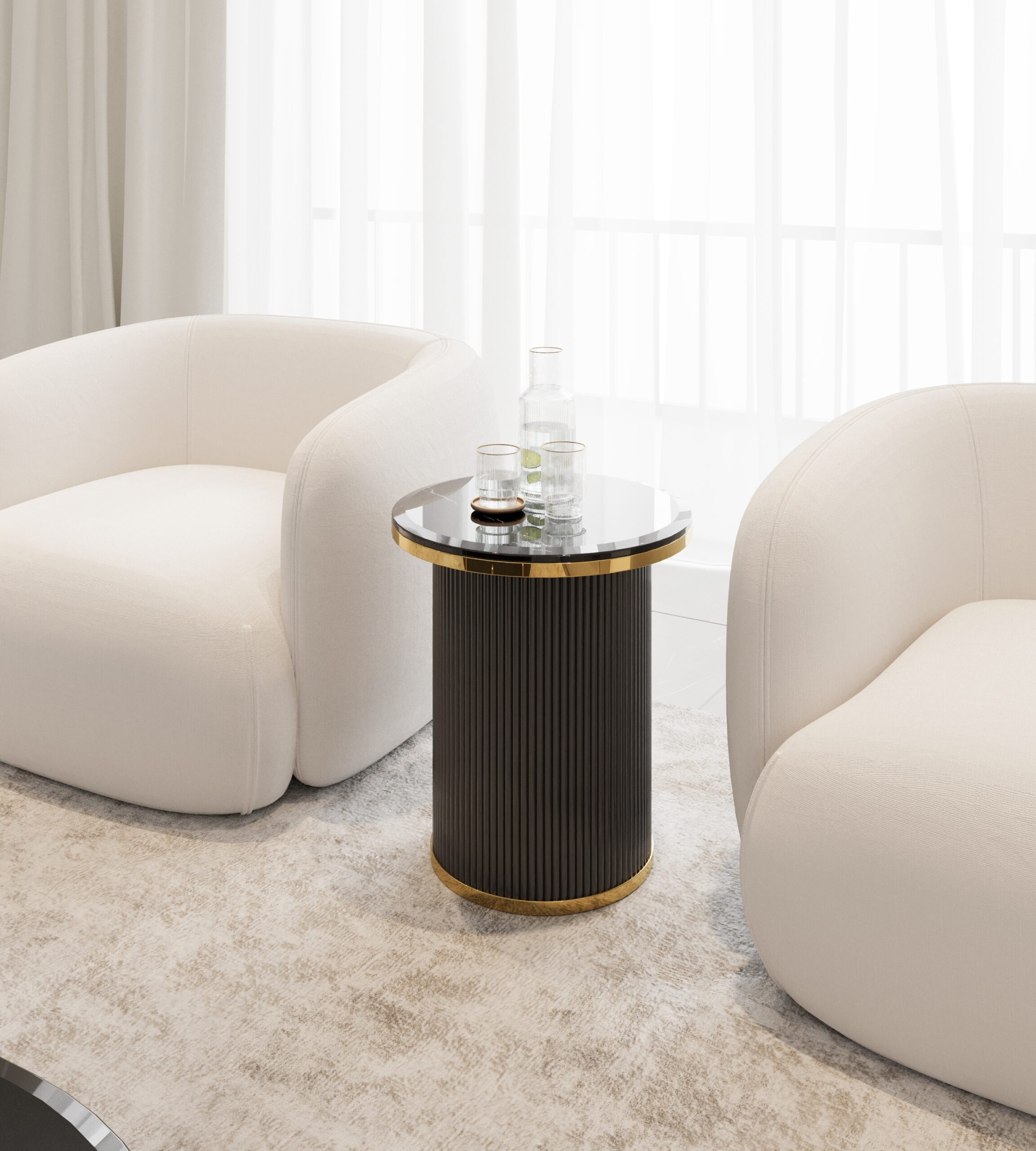 STOLIK POMOCNICZY Anne Black okrągły, na czarnej ryflowane podstawie, blat z konglomeratu marmurowego, złote metalowe obręcze