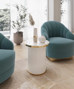 STOLIK POMOCNICZY Anne okrągły, na białej ryflowane podstawie, blat z konglomeratu marmurowego, złote metalowe obręcze, piękny