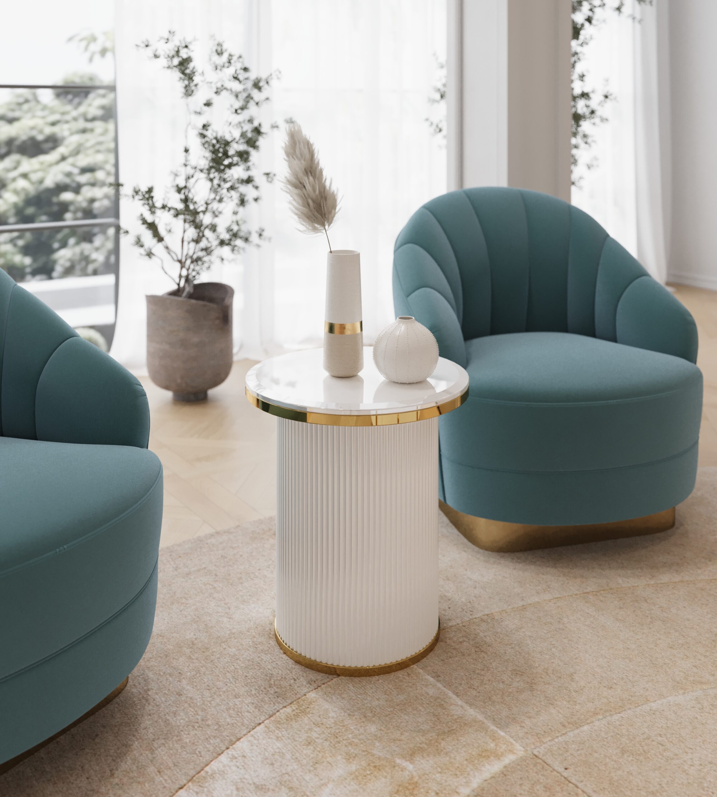 STOLIK POMOCNICZY Anne okrągły, na białej ryflowane podstawie, blat z konglomeratu marmurowego, złote metalowe obręcze, piękny