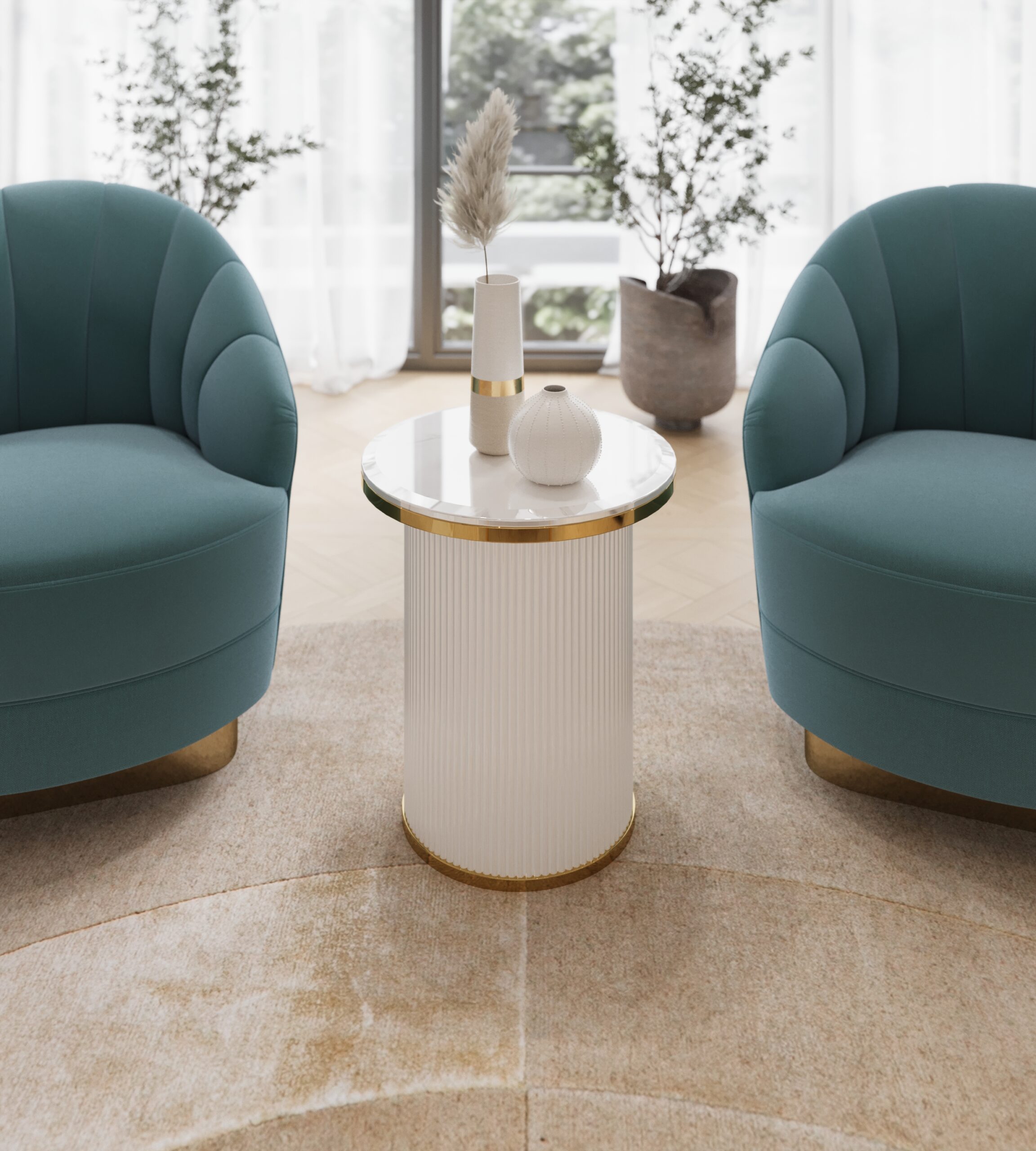 STOLIK POMOCNICZY Anne okrągły, na białej ryflowane podstawie, blat z konglomeratu marmurowego, złote metalowe obręcze