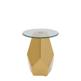 STOLIK POMOCNICZY Ricchezza na złotej, metalowej podstawie o geometrycznych kształtach, okrągły, szklany blat