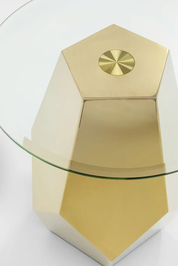 STOLIK POMOCNICZY Ricchezza na złotej, metalowej podstawie o geometrycznych kształtach, okrągły, szklany blat, wyjątkowy STOLIK POMOCNICZY Ricchezza na złotej, metalowej podstawie o geometrycznych kształtach, okrągły, szklany blat, wyjątkowy
