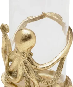 ŚWIECZNIK Octopus okrągły, złota podstawa w kształcie ośmiornicy, szklany transparentny klosz, nowoczesny styl, piękny