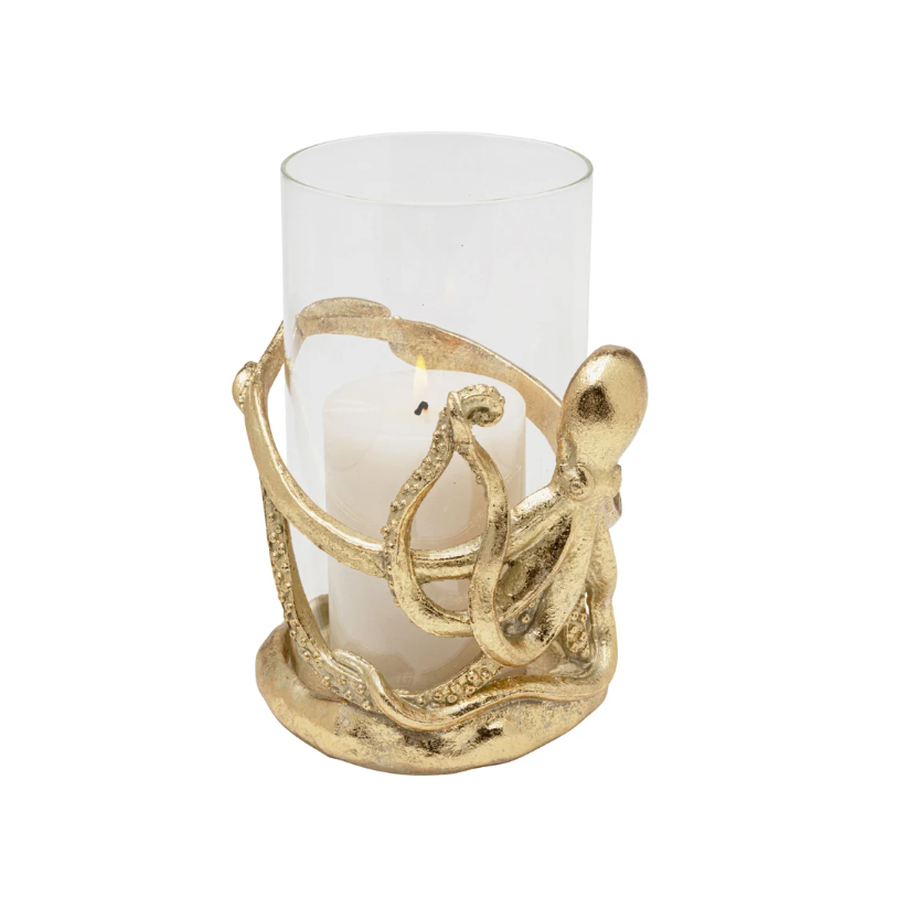 ŚWIECZNIK Octopus okrągły, złota podstawa w kształcie ośmiornicy, szklany transparentny klosz, nowoczesny styl ŚWIECZNIK Octopus okrągły, złota podstawa w kształcie ośmiornicy, szklany transparentny klosz, nowoczesny styl