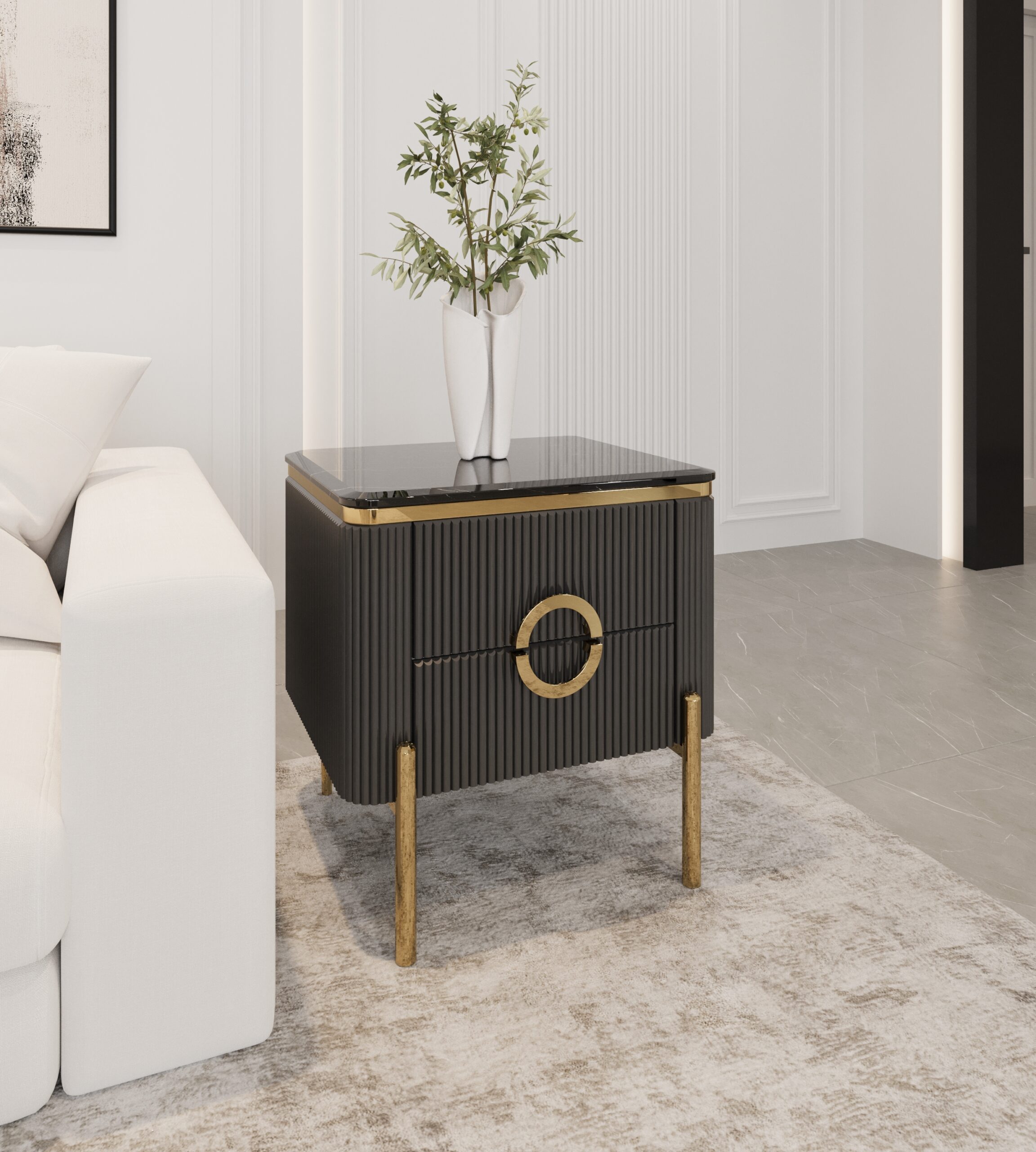SZAFKA NOCNA Anne Black prostokątna, czarna, ryflowany korpus, złote nogi i detale, blat z konglomeratu marmurowego, nowoczesny glamour, piękna