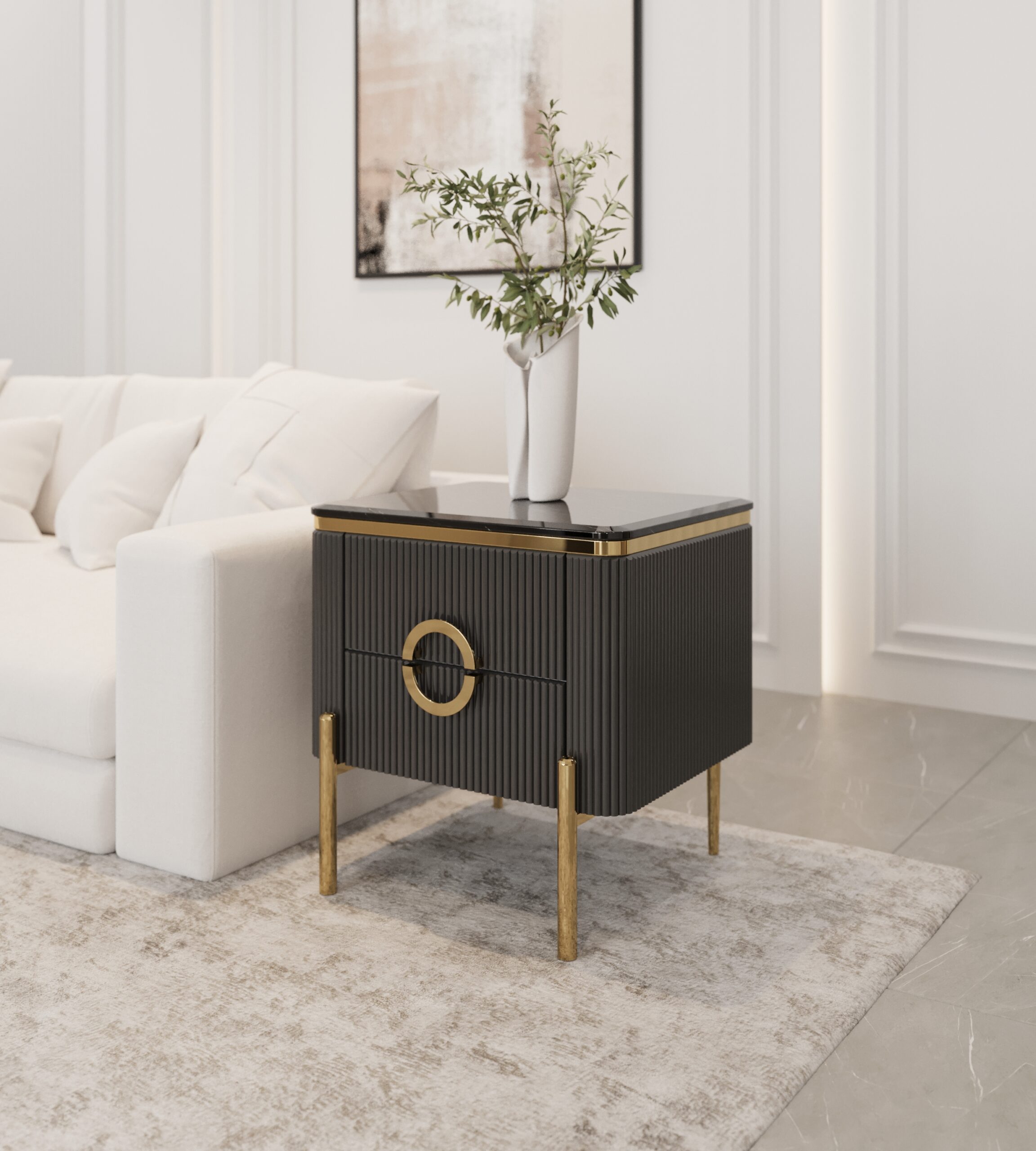 SZAFKA NOCNA Anne Black prostokątna, czarna, ryflowany korpus, złote nogi i detale, blat z konglomeratu marmurowego, nowoczesny glamour