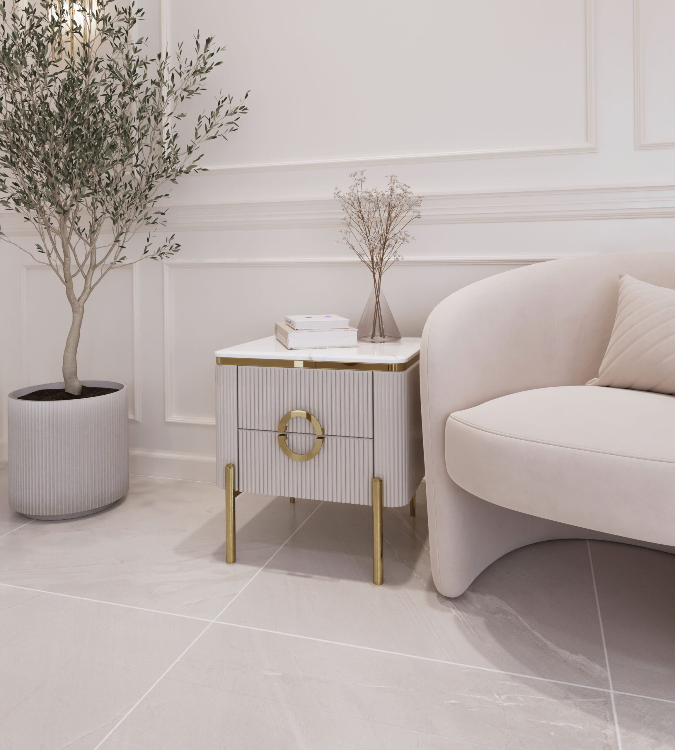 SZAFKA NOCNA Anne Cashmir prostokątna, kaszmirowa, ryflowany korpus, złote nogi i detale, blat z konglomeratu marmurowego, nowoczesny glamour, piękna