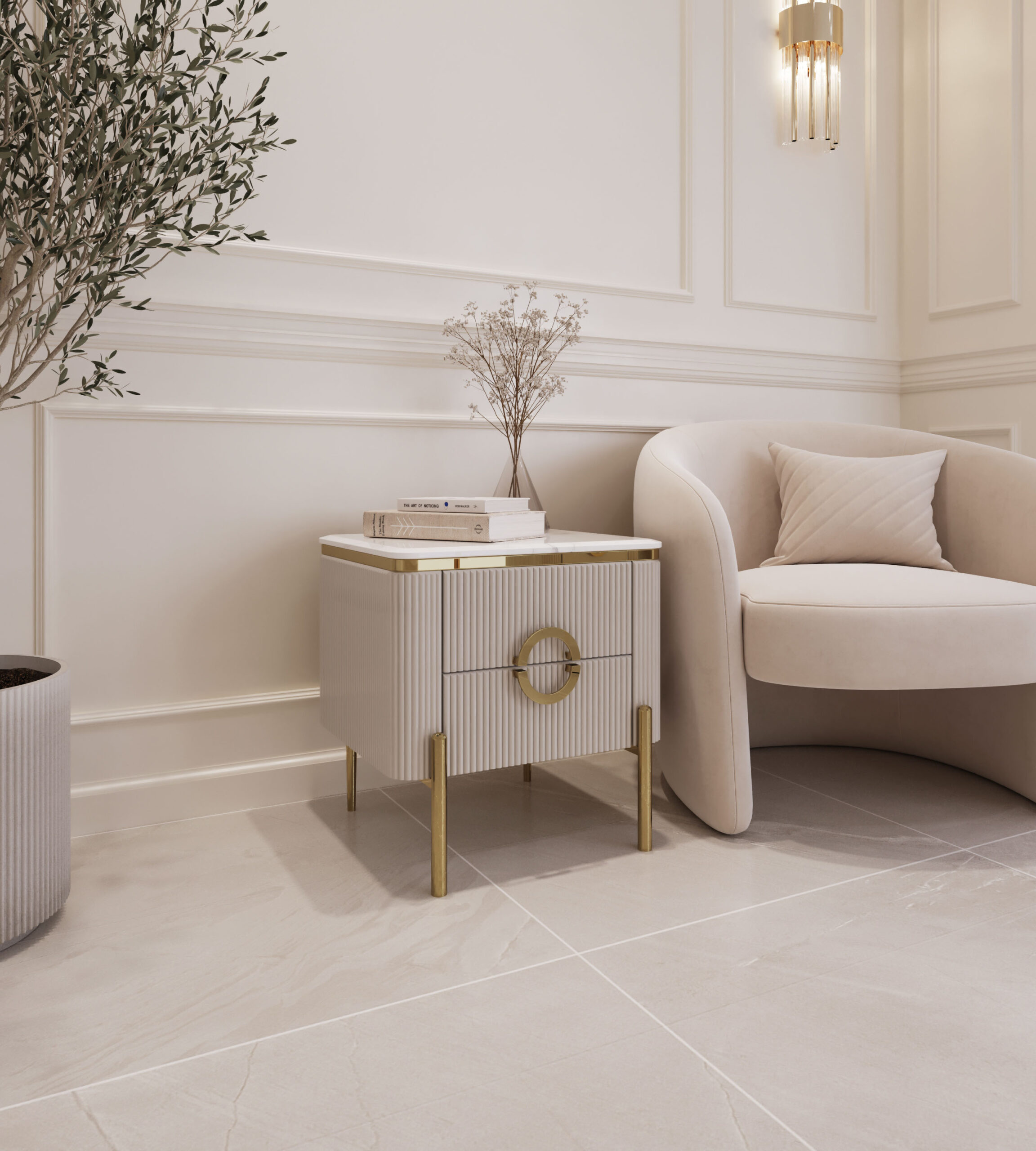 SZAFKA NOCNA Anne Cashmir prostokątna, kaszmirowa, ryflowany korpus, złote nogi i detale, blat z konglomeratu marmurowego, nowoczesny glamour