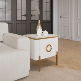 SZAFKA NOCNA Anne prostokątna, biały, ryflowany korpus, złote nogi i detale, blat z konglomeratu marmurowego, nowoczesny glamour, piękna