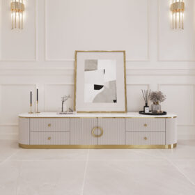 SZAFKA RTV Anne Cashmir ze złotą, metalową podstawą i dodatkami, kaszmirowy, ryflowany korpus, blat z konglomeratu marmurowego, piękna