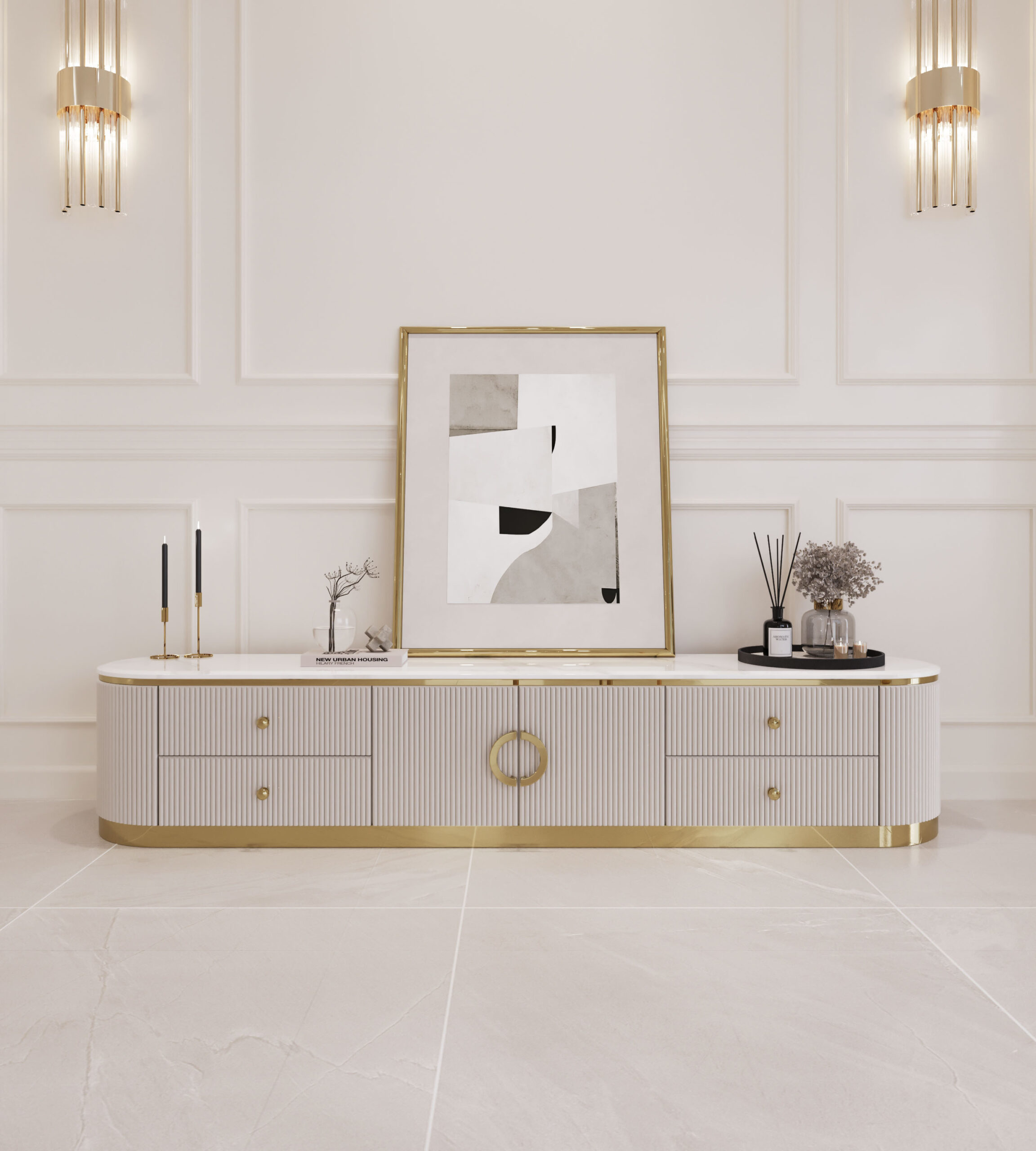 SZAFKA RTV Anne Cashmir ze złotą, metalową podstawą i dodatkami, kaszmirowy, ryflowany korpus, blat z konglomeratu marmurowego, piękna SZAFKA RTV Anne Cashmir ze złotą, metalową podstawą i dodatkami, kaszmirowy, ryflowany korpus, blat z konglomeratu marmurowego, piękna