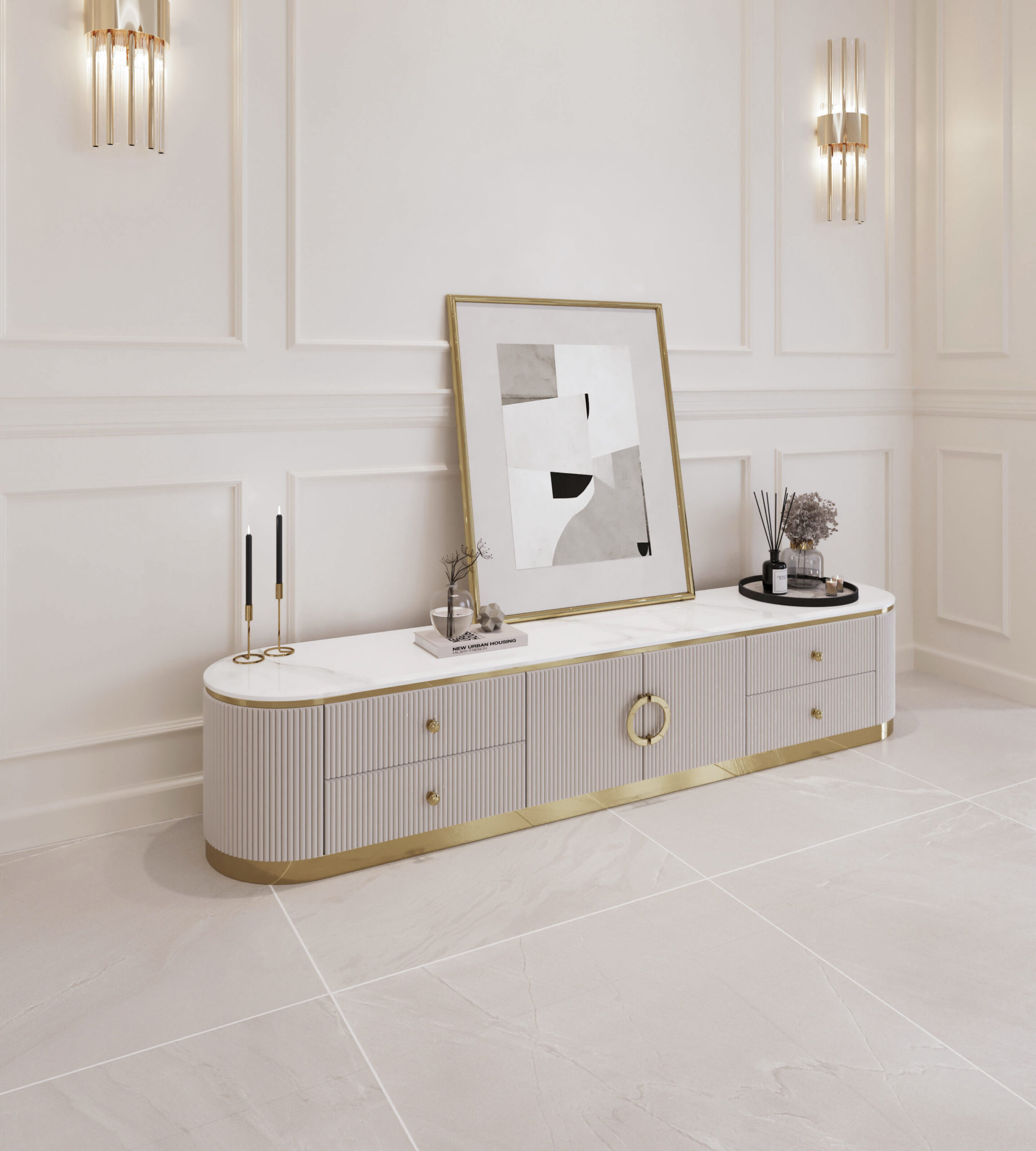 SZAFKA RTV Anne Cashmir ze złotą, metalową podstawą i dodatkami, kaszmirowy, ryflowany korpus, blat z konglomeratu marmurowego SZAFKA RTV Anne Cashmir ze złotą, metalową podstawą i dodatkami, kaszmirowy, ryflowany korpus, blat z konglomeratu marmurowego