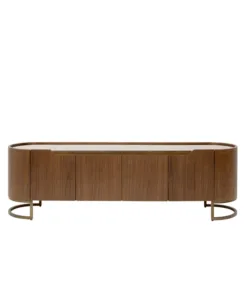 SZAFKA RTV Giorgio o zaokrąglonych bokach, brązowy kolor, szuflady i szafki, szklany blat, nowoczesny styl