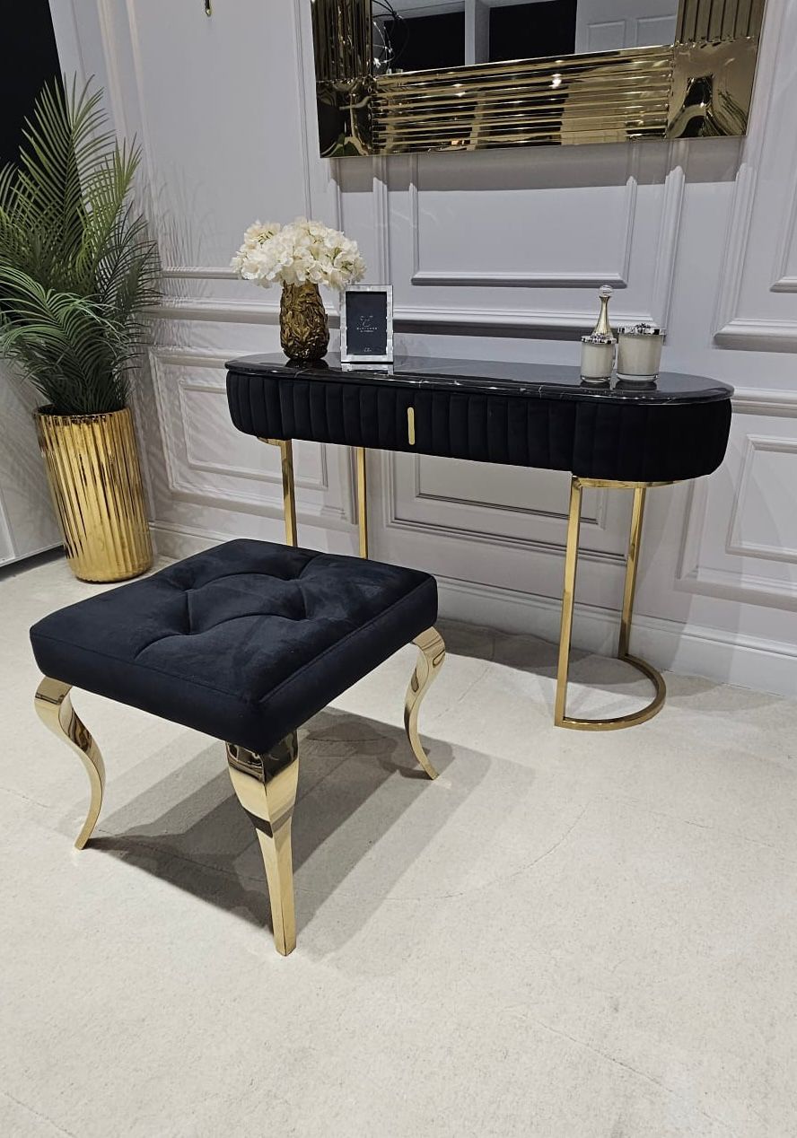 TABORET Lyon tapicerowany, pikowany, złote nogi, stal nierdzewna, glamour