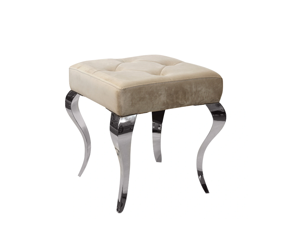 TABORET PUF Lyon tapicerowany, pikowany, kaszmirowy welur, srebrne nogi, stal nierdzewna, glamour