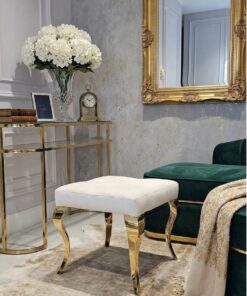 TABORET PUF Lyon tapicerowany, pikowany, kremowy welur złote nogi, stal nierdzewna, glamour, ekskluzywny