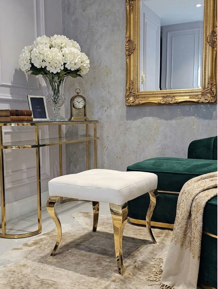 TABORET PUF Lyon tapicerowany, pikowany, kremowy welur złote nogi, stal nierdzewna, glamour, ekskluzywny