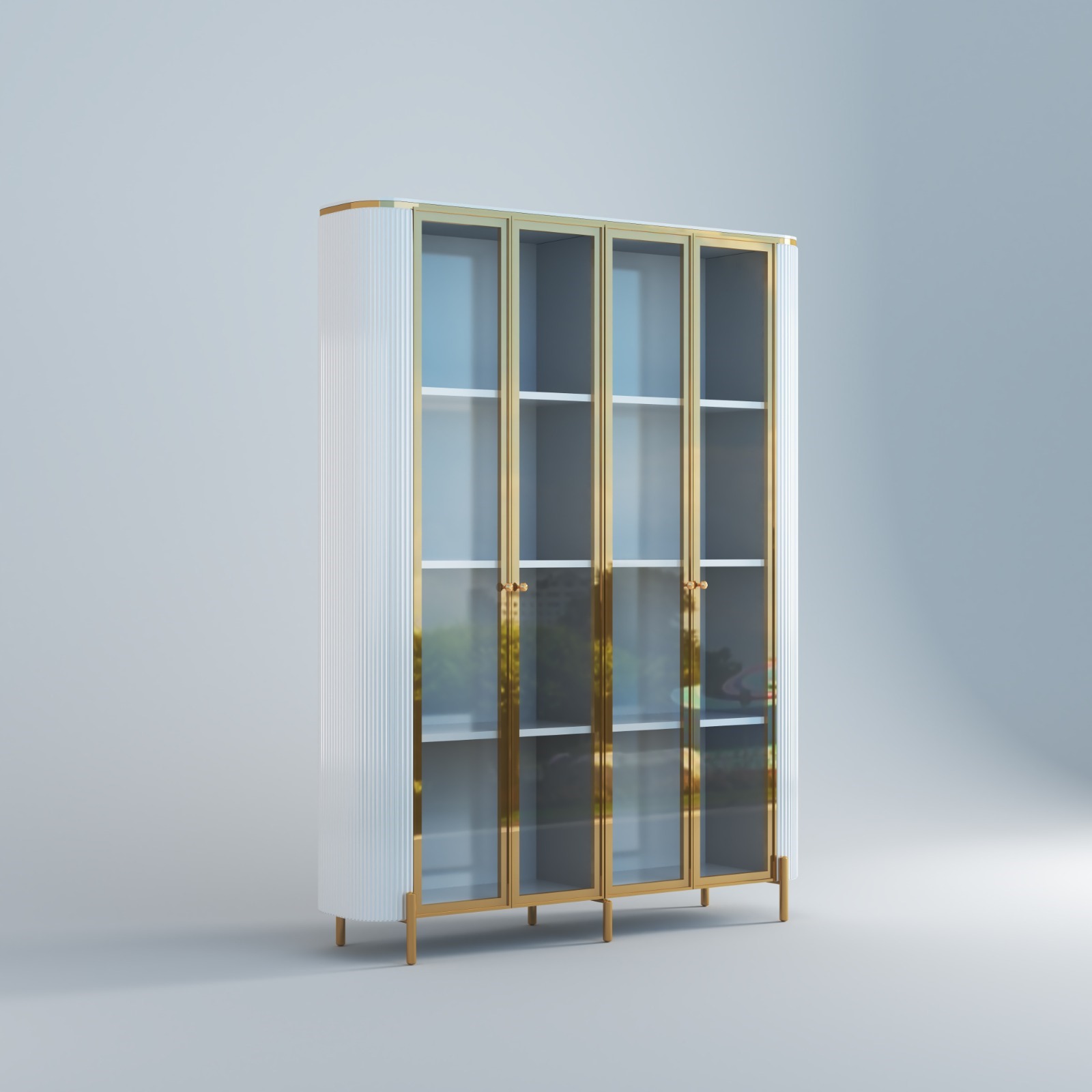 WITRYNA REGAŁ Anne, duże, szklane drzwiczki, ryflowane boki, złote metalowe detale, nowoczesny styl glamour