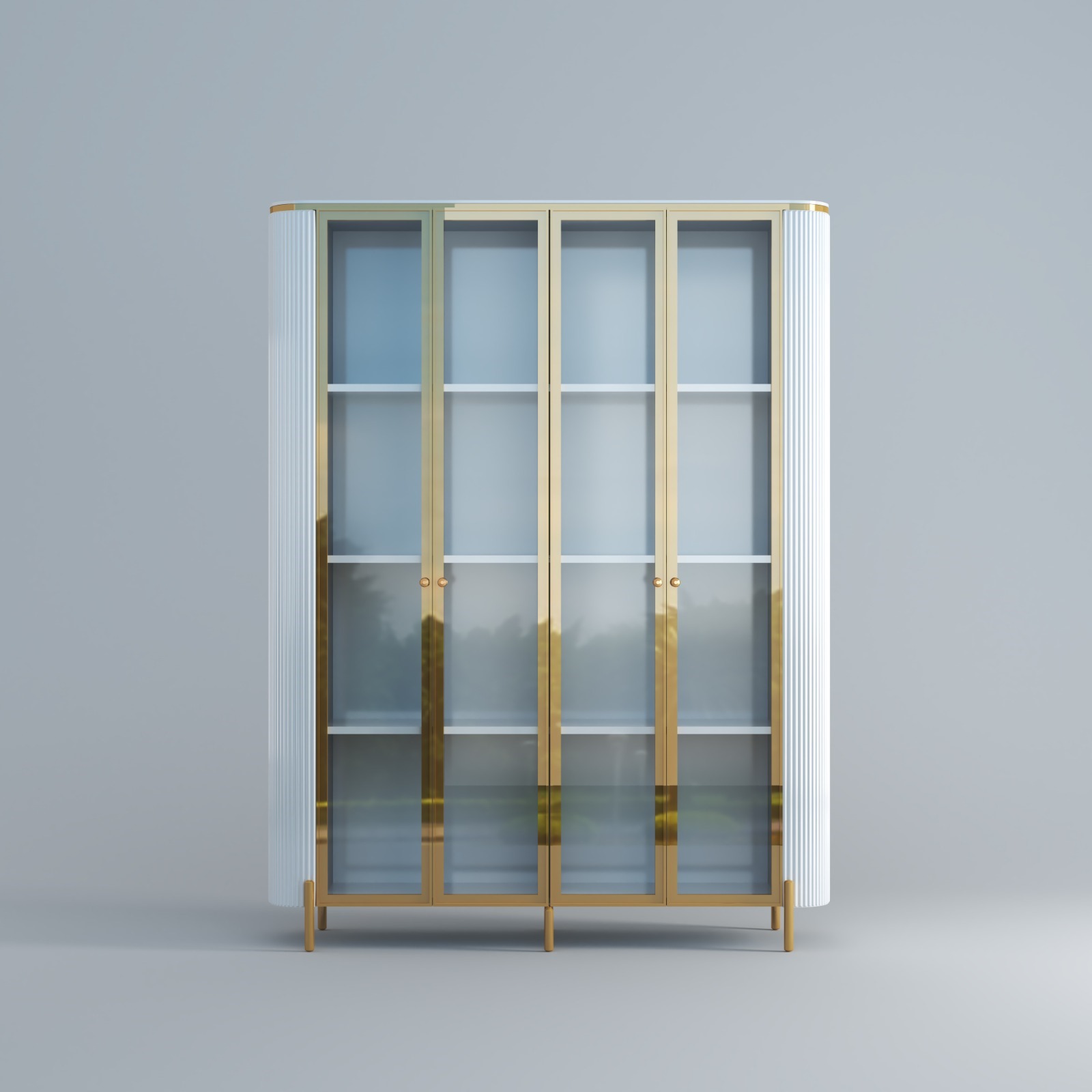 WITRYNA REGAŁ Anne, duże, szklane drzwiczki, ryflowane boki, złote metalowe detale, nowoczesny styl glamour, piękna