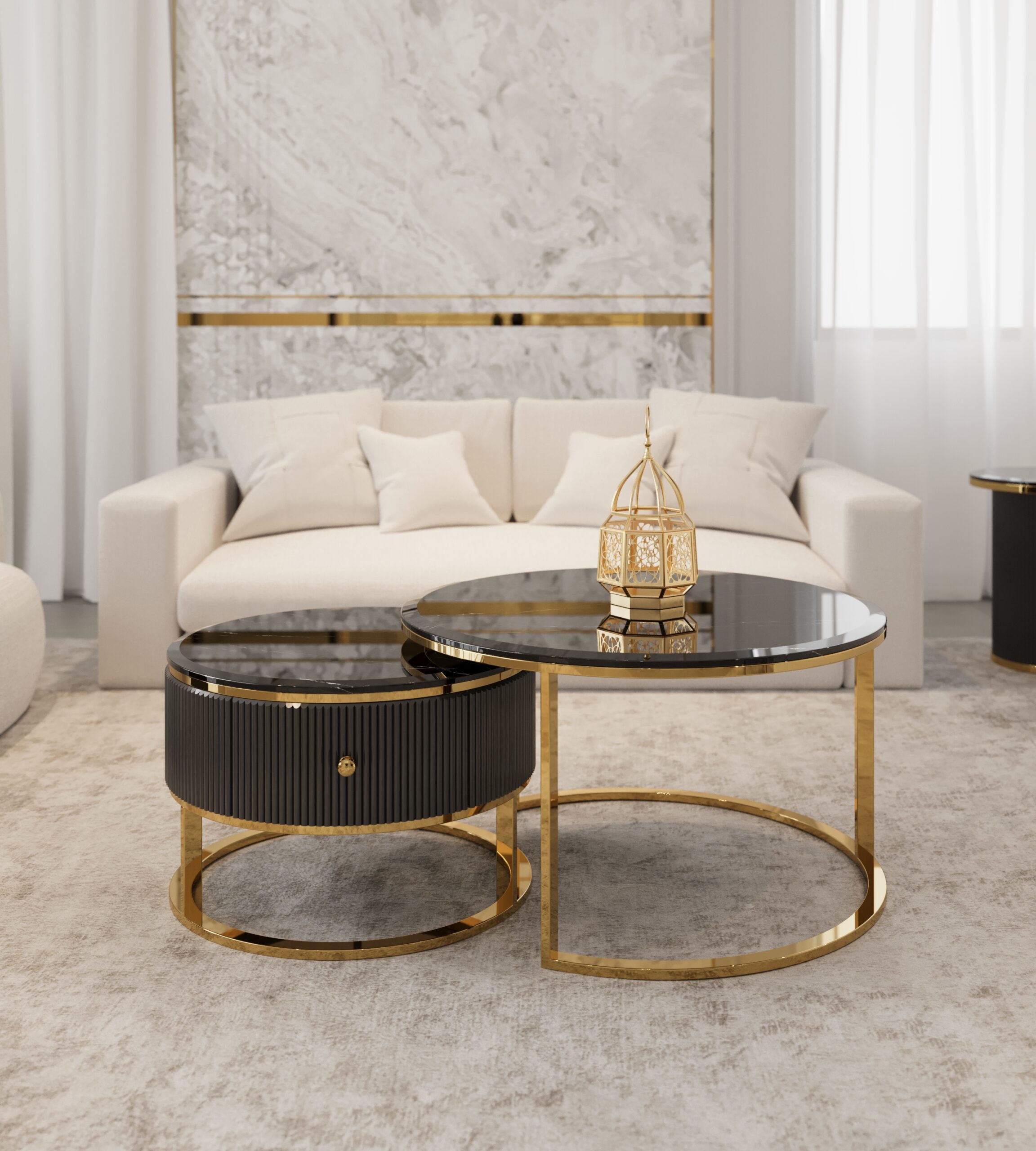 ZESTAW DWÓCH STOLIKÓW KAWOWYCH Anne Black okrągłe, złote metalowe podstawy, czarny, ryflowany korpus, blaty z konglomeratu marmurowego, piękny