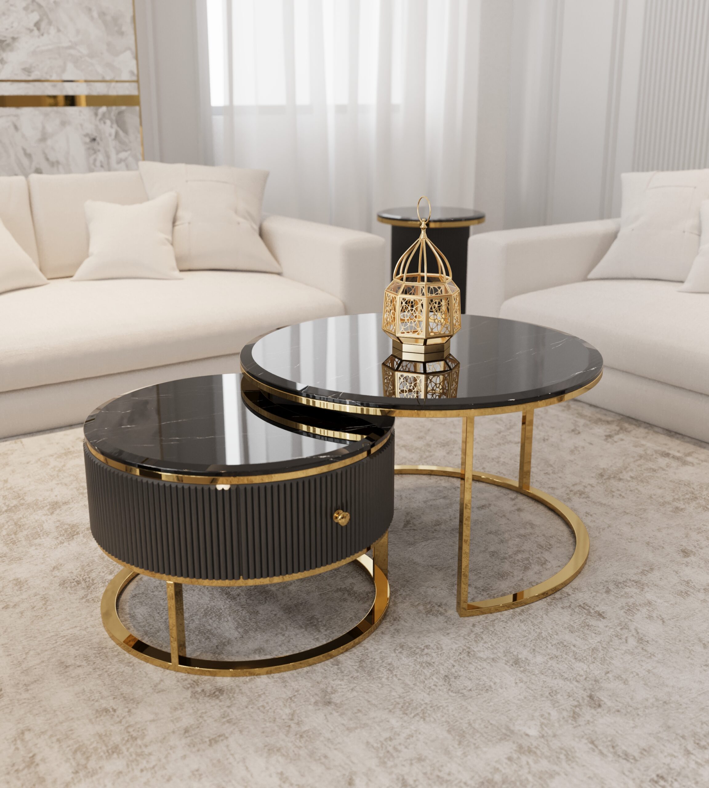 ZESTAW DWÓCH STOLIKÓW KAWOWYCH Anne Black okrągłe, złote metalowe podstawy, czarny, ryflowany korpus, blaty z konglomeratu marmurowego